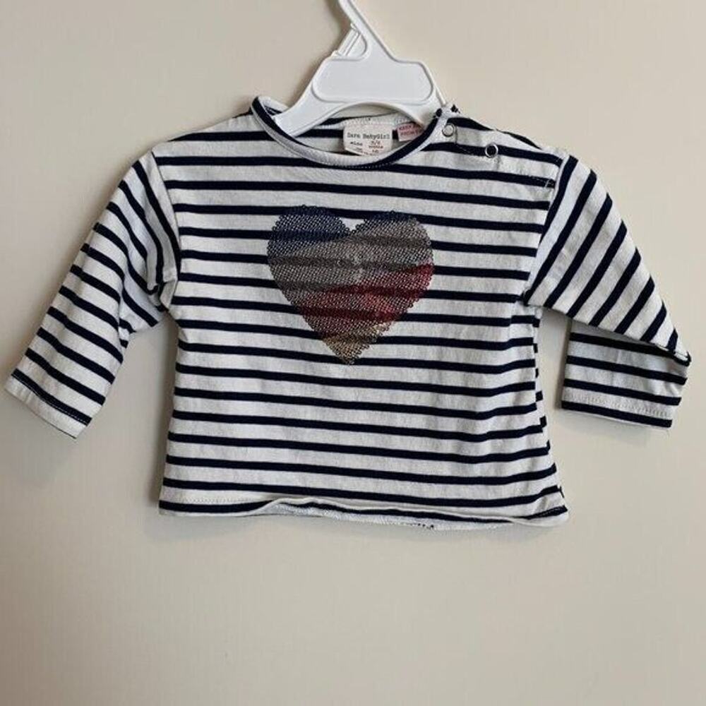 Zara Girls 3-6 Months Long Sleeve Shirt Rainbow Heart Sequin Striped Sparkle
